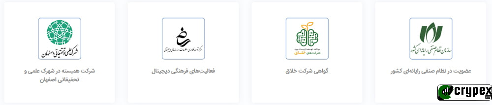 عنوان: افتخارات و مجوزهای کسب‌شده توسط شرکت ایرانی‌کارت توضیحات: تصویری از افتخارات و مجوزهای کسب‌شده توسط شرکت ایرانی‌کارت. این تصویر شامل چهار بخش با نشان‌های مختلف است. نشان اول متعلق به "شرکت هسته‌ای در شهرک علمی و تحقیقاتی اصفهان" است. نشان دوم به فعالیت‌های "فرهنگی دیجیتال" اختصاص دارد. نشان سوم، "گواهی شرکت خلاق" را نشان می‌دهد و نشان چهارم به "عضویت در نظام صنفی رایانه‌ای کشور" اشاره دارد. این افتخارات و مجوزها نشان‌دهنده اعتبار و تلاش‌های شرکت ایرانی‌کارت در زمینه‌های مختلف علمی، تحقیقاتی، فرهنگی و فناوری است. 