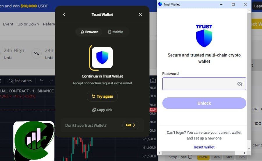 در این تصویر، دو پنجره مربوط به Trust Wallet در پلتفرم معاملاتی PreBit مشاهده می‌شود. پنجره سمت چپ نشان می‌دهد که کاربران می‌توانند از طریق مرورگر یا موبایل به کیف پول Trust Wallet خود متصل شوند. این پنجره شامل گزینه "Continue in Trust Wallet" برای قبول درخواست اتصال در کیف پول است و دکمه "Try again" برای تلاش مجدد در صورت عدم موفقیت اتصال وجود دارد. همچنین لینک "Copy Link" برای کپی کردن لینک اتصال و دکمه "Get" برای دریافت Trust Wallet در صورت نداشتن آن نیز دیده می‌شود. پنجره سمت راست نشانگر صفحه ورود به Trust Wallet است که از کاربران درخواست می‌کند تا رمز عبور خود را وارد کرده و دکمه "Unlock" را بزنند تا به کیف پول خود دسترسی پیدا کنند. همچنین گزینه "Reset wallet" برای تنظیم مجدد کیف پول در صورتی که کاربران نتوانند وارد شوند، وجود دارد. این دو پنجره در کنار یکدیگر نمایش داده شده‌اند تا فرآیند اتصال و ورود به Trust Wallet برای کاربران پلتفرم PreBit را نشان دهند.