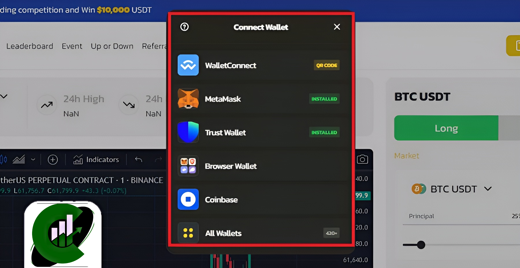 در این تصویر، پنجره "Connect Wallet" در پلتفرم معاملاتی PreBit نمایش داده شده است. این پنجره شامل گزینه‌های مختلف برای اتصال کیف پول‌های مختلف به پلتفرم است. گزینه‌های موجود شامل: 1. WalletConnect 2. MetaMask (نصب شده) 3. Trust Wallet (نصب شده) 4. Browser Wallet 5. Coinbase 6. All Wallets این پنجره به کاربران اجازه می‌دهد که کیف پول دیجیتالی خود را به پلتفرم متصل کنند تا بتوانند به خرید و فروش ارزهای دیجیتال بپردازند. در سمت راست تصویر، فرم سفارش برای معاملات BTC/USDT نیز قابل مشاهده است.