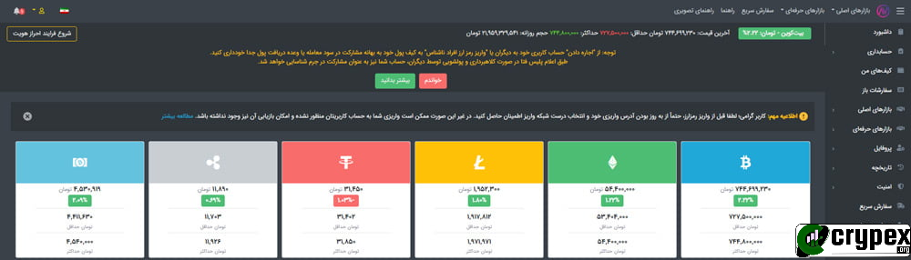 صفحه کاربری صرافی نوبیتکس که شامل گزینه‌های مختلفی از جمله شروع فرآیند احراز هویت و نمایش اطلاعات واریز و برداشت ارزهای دیجیتال است. این تصویر کارت‌های مربوط به موجودی ارزهای مختلف مانند تومان، تتر، بیت‌کوین و اتریوم را نشان می‌دهد که اطلاعات مربوط به موجودی و ارزش فعلی آنها را نمایش می‌دهد. همچنین، هشدارها و پیام‌هایی برای کاربران درباره اقدامات امنیتی و تایید هویت نیز قابل مشاهده است.